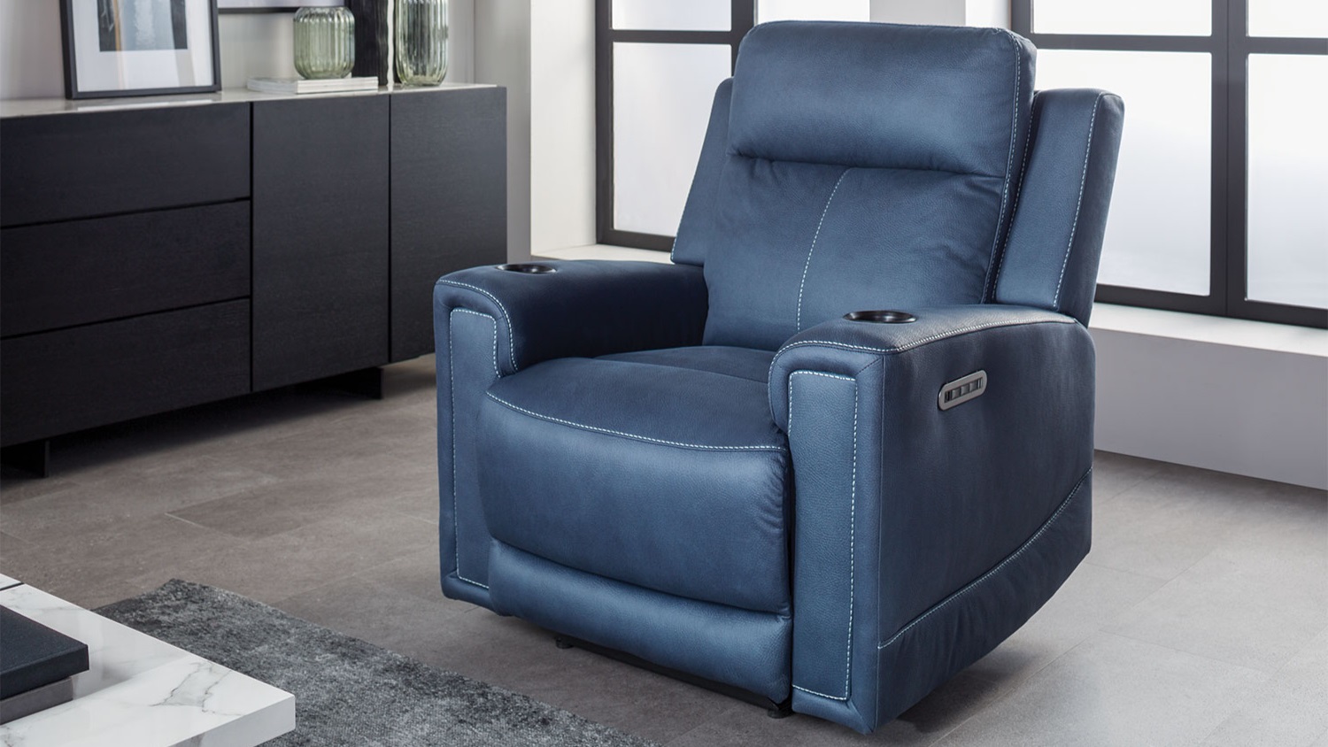 Wolgan Fabric Powered Recliner Armchair Blue Harvey Norman New