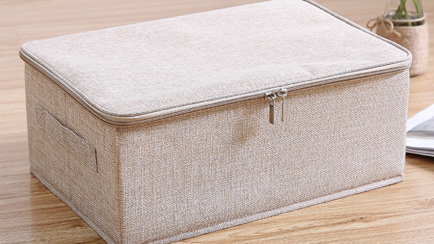 SOGA Small Dual Zipper Fabric Storage Box - Beige