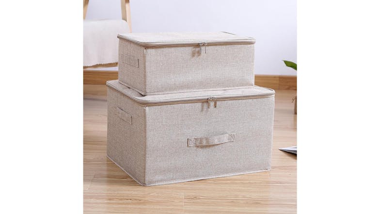 SOGA Large Dual Zipper Fabric Storage Box - Beige