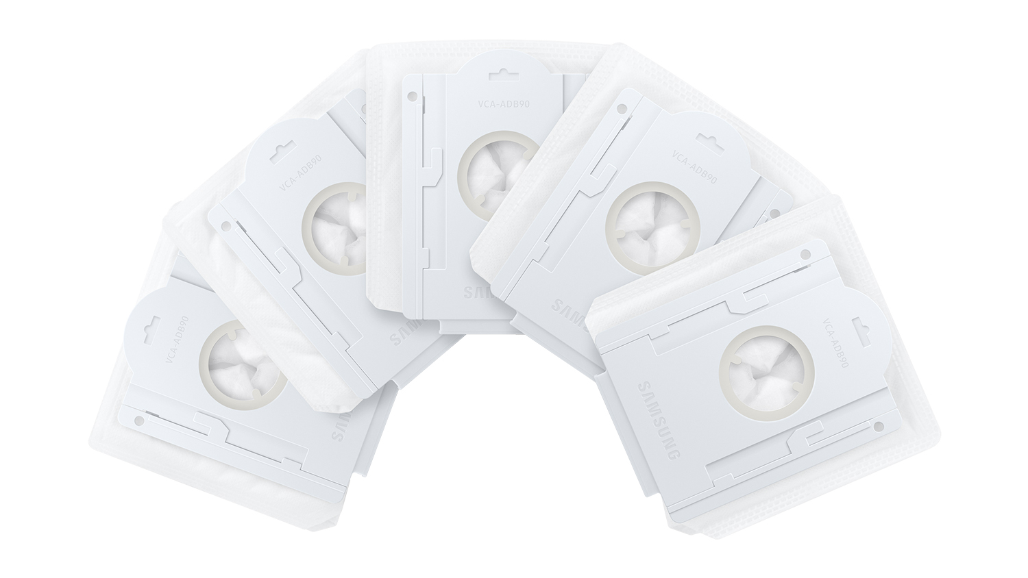 Front view of five Samsung Cleaning Station Bags