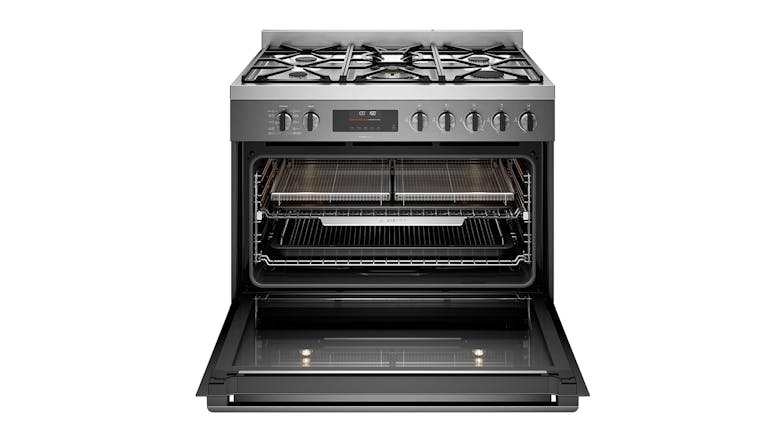 Westinghouse 90cm Pyrolytic Dual Fuel Freestanding Oven with Gas Cooktop - Dark Stainless Steel (WFEP9717DD)