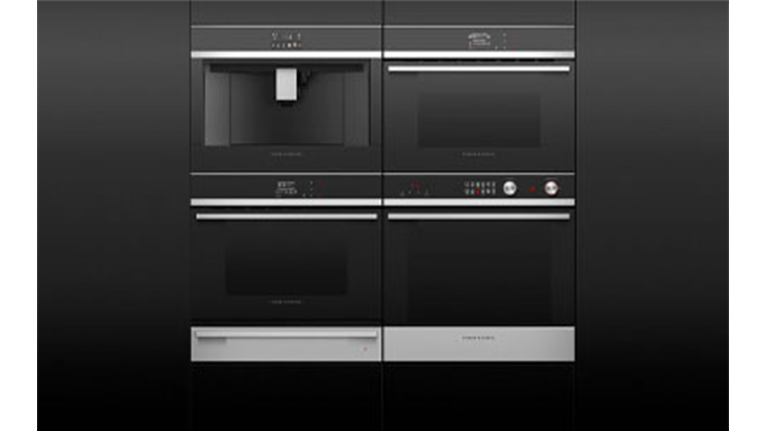 Four stacked kitchen appliances, one being a built-in coffee machine.