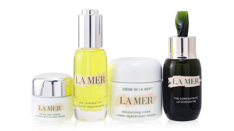 La Mer The Most-Covered Travel Collection: 1x The Concentrate - 30ml/1oz + 1x The Eye Balm Intense - 15ml/0.5oz + 1x The Renewal Oil - 30ml/1oz + 1x Cream De La Mer The Moisturising Cream - 60ml/2oz + 1x Bag - 4pcs+1bag