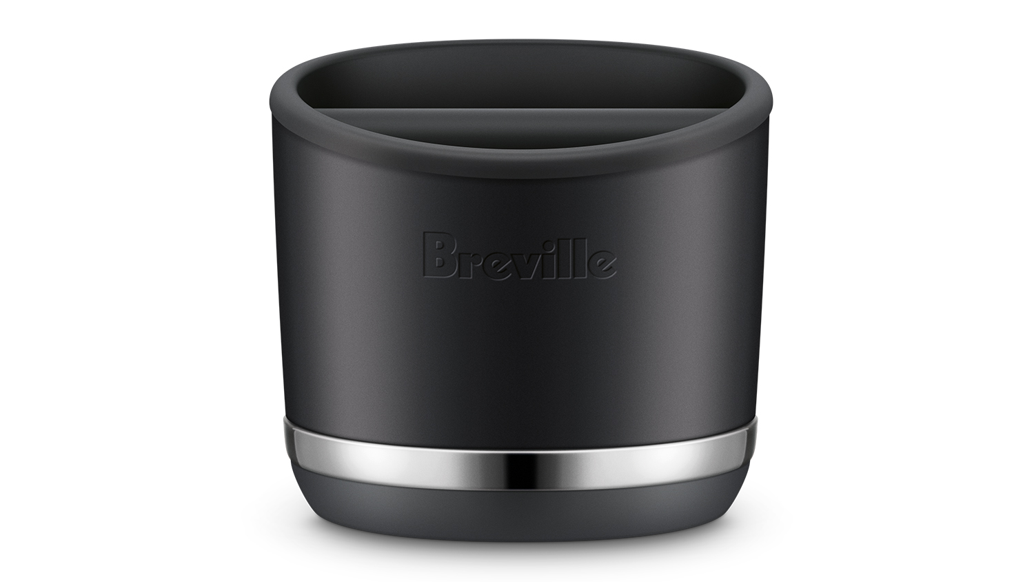 Stainless steel Breville knock box with silver trim and black base