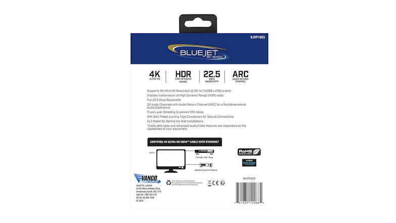 Vanco Bluejet 4K Ultra HD 3.6m HDMI Cable with Ethernet - Black (BJVP1003)