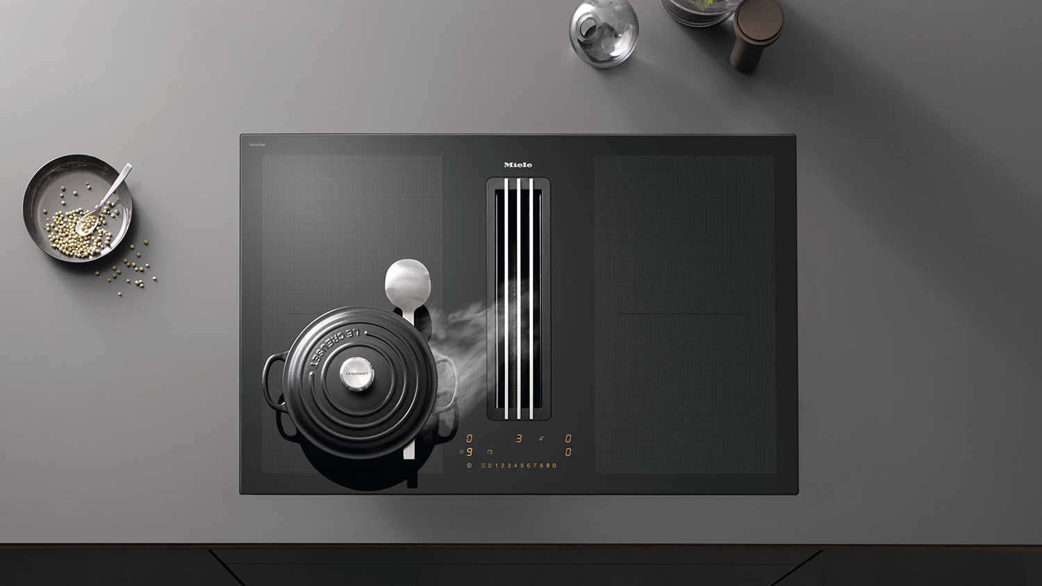 Miele 80cm 4 Zone Induction Cooktop with Downdraft Rangehood Black