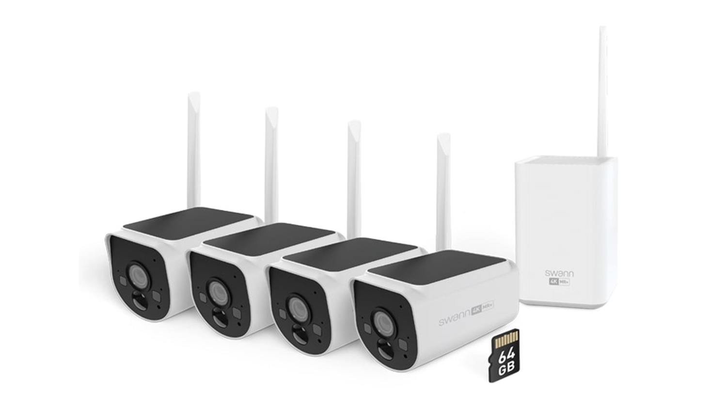 Swann MaxRanger4K Power Hub with 4 x 4K Indoor/Outdoor Wireless Security Camera with Built-In Solar Panel (White)