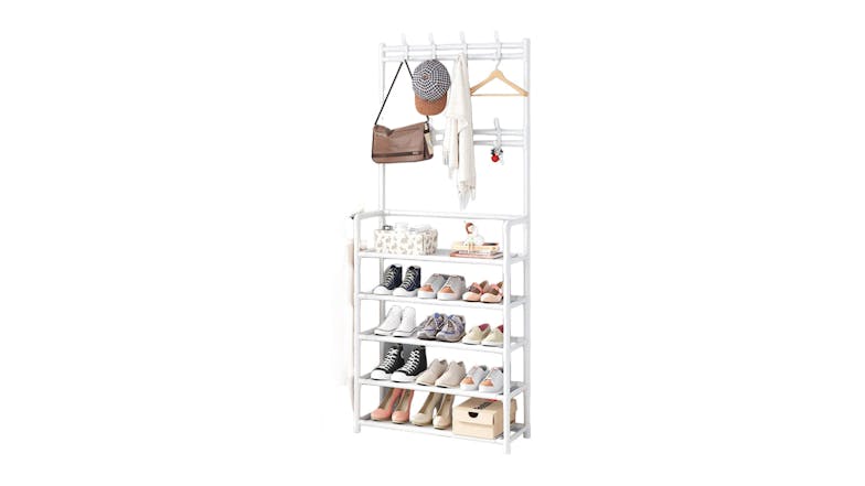Kmall 5-Tier Metal Garment Rack & Shelf with Hooks - White"