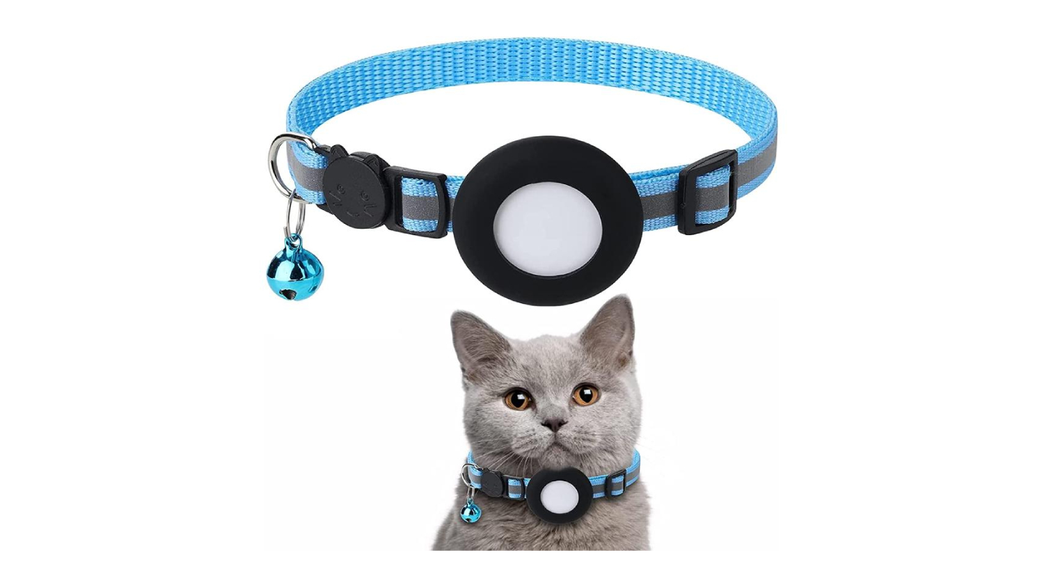Reflective cat collar with quick-release buckle, AirTag holder, and bell, shown both as a product and worn by a cat.