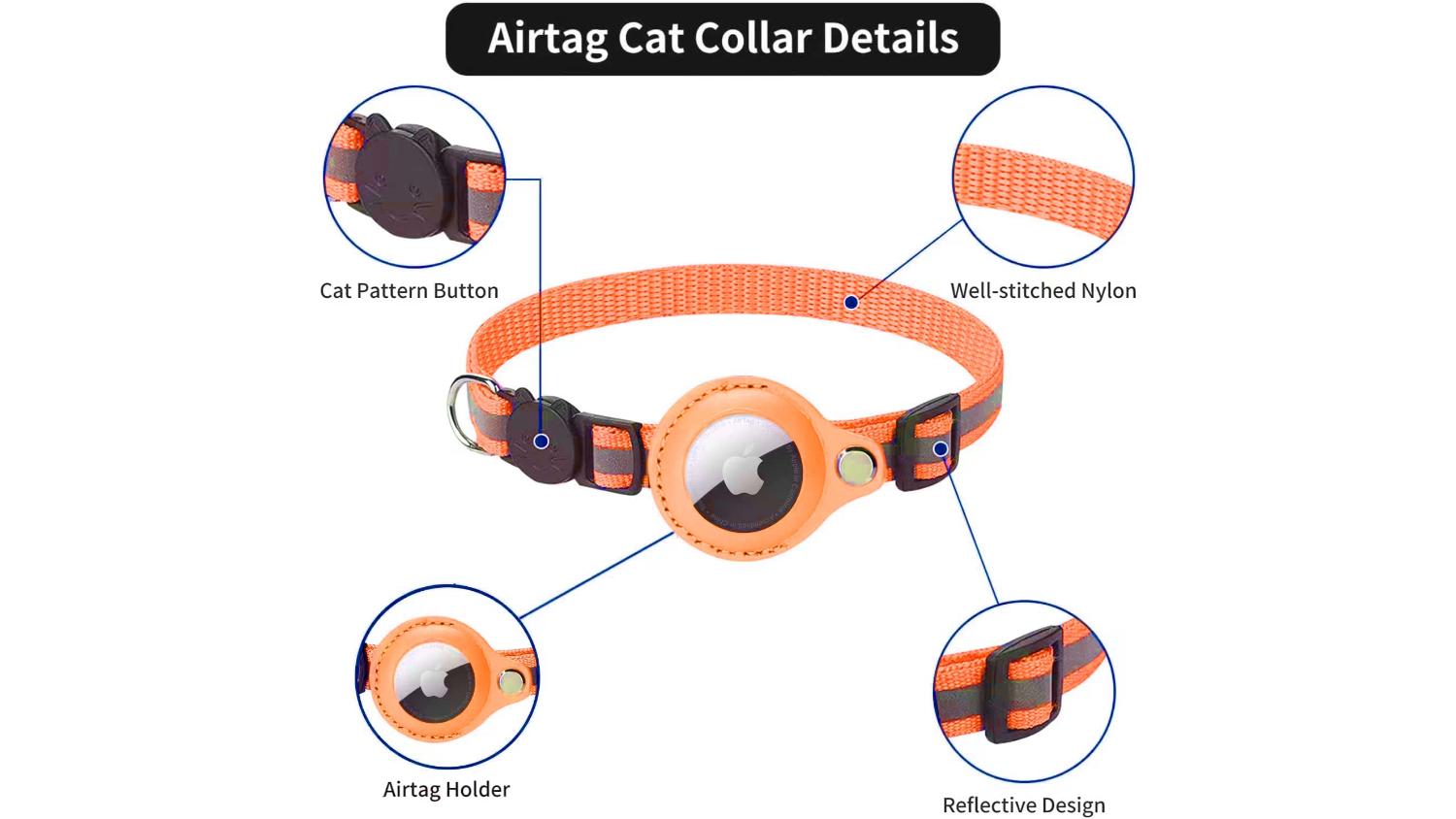 Kmall Quick Release Reflective Cat Collar with Bell, AirTag Holder - Orange