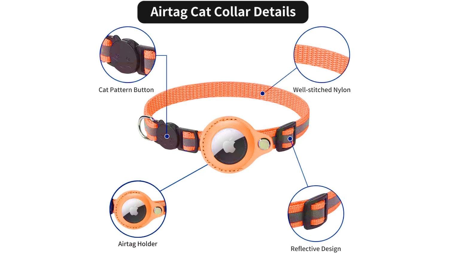 Kmall Quick Release Reflective Cat Collar with Bell, AirTag Holder - Orange