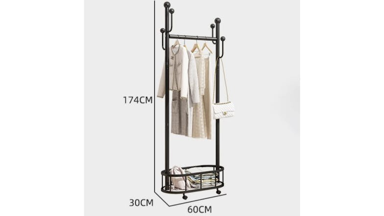 Kmall Elegant Garment Rack with Castors, Storage Basket - Black