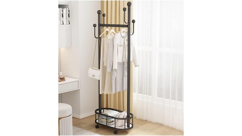 Kmall Elegant Garment Rack with Castors, Storage Basket - Black