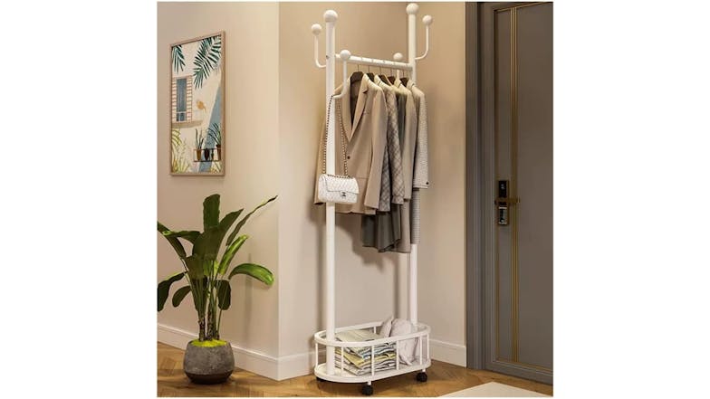 Kmall Elegant Garment Rack with Castors, Storage Basket - White