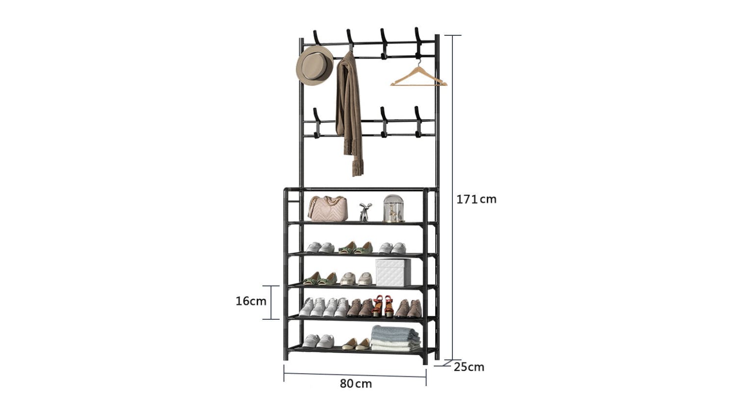 Kmall 5-Tier Metal Garment Rack & Shelf with Hooks - Black