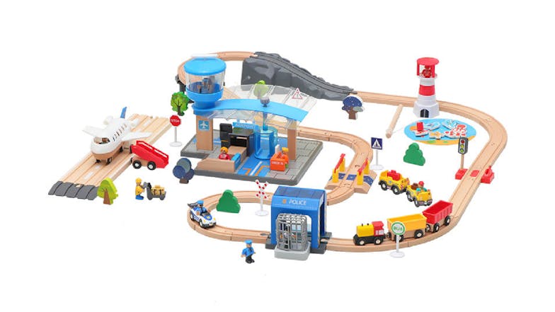 Kmall Bustling Town Wooden Rail Car Set with Airport