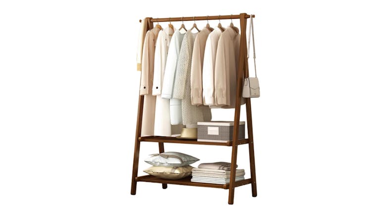 Kmall Bamboo Folding A-Frame Garment Rack with Shelves 116cm - Dark Wood