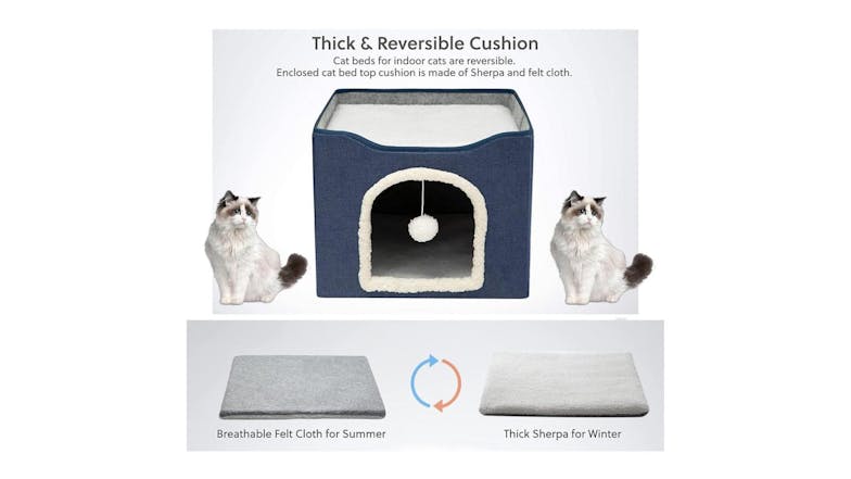 Kmall Collapsable Cat House with Removable Cushion, Sisal Scratchpad, Dangly Ball - Blue