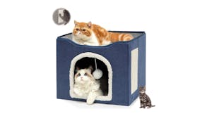 Kmall Collapsable Cat House with Removable Cushion, Sisal Scratchpad, Dangly Ball - Blue