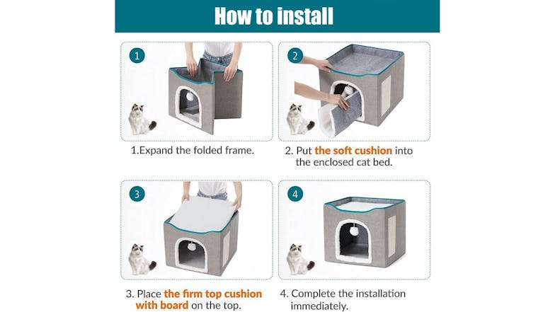 Kmall Collapsable Cat House with Removable Cushion, Sisal Scratchpad, Dangly Ball - Grey