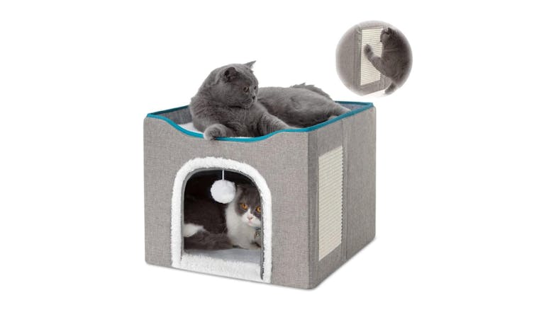 Kmall Collapsable Cat House with Removable Cushion, Sisal Scratchpad, Dangly Ball - Grey