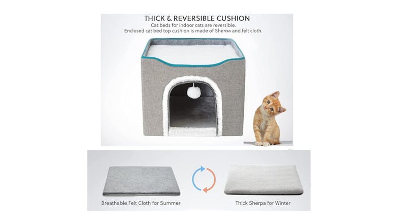 Kmall Collapsable Cat House with Removable Cushion, Sisal Scratchpad, Dangly Ball - Grey