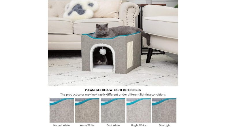 Kmall Collapsable Cat House with Removable Cushion, Sisal Scratchpad, Dangly Ball - Grey