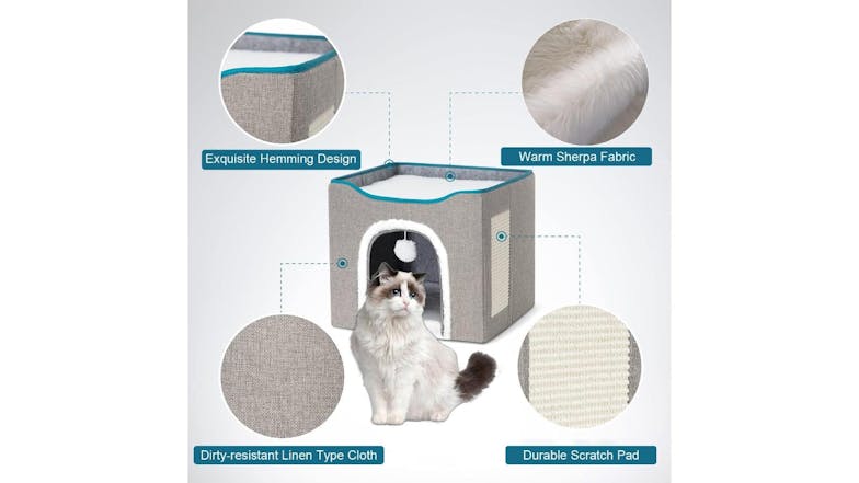 Kmall Collapsable Cat House with Removable Cushion, Sisal Scratchpad, Dangly Ball - Grey