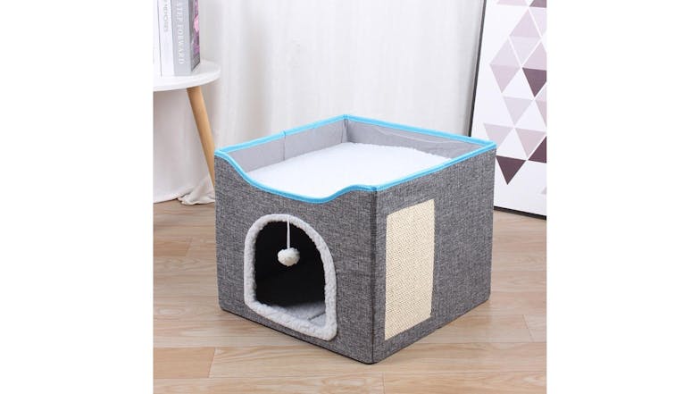 Kmall Collapsable Cat House with Removable Cushion, Sisal Scratchpad, Dangly Ball - Grey