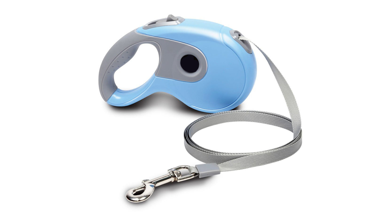 Blue retractable dog leash with a grey handle button and silver metal clasp at the end.