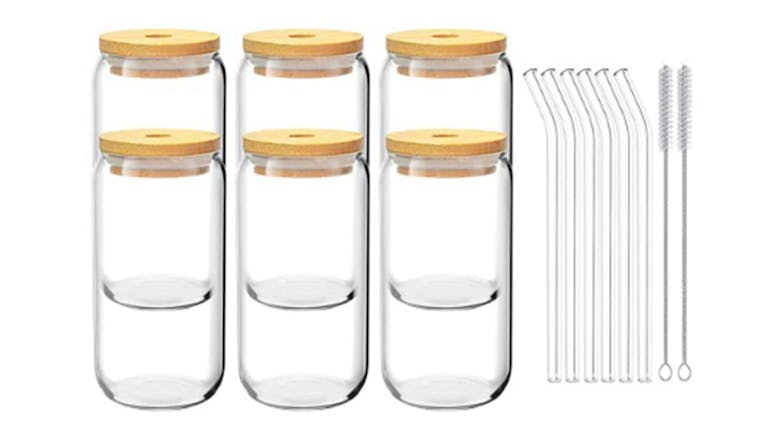 Kmall Trendy Drinking Glasses with Bamboo Lids, Straws 6pcs.