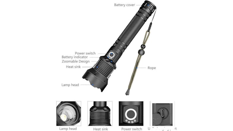 Kmall Rechargable LED Flashlight with Strap, Multi-Mode Function 27cm