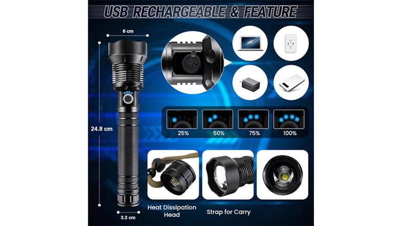 Kmall Rechargable LED Flashlight with Strap, Multi-Mode Function 27cm