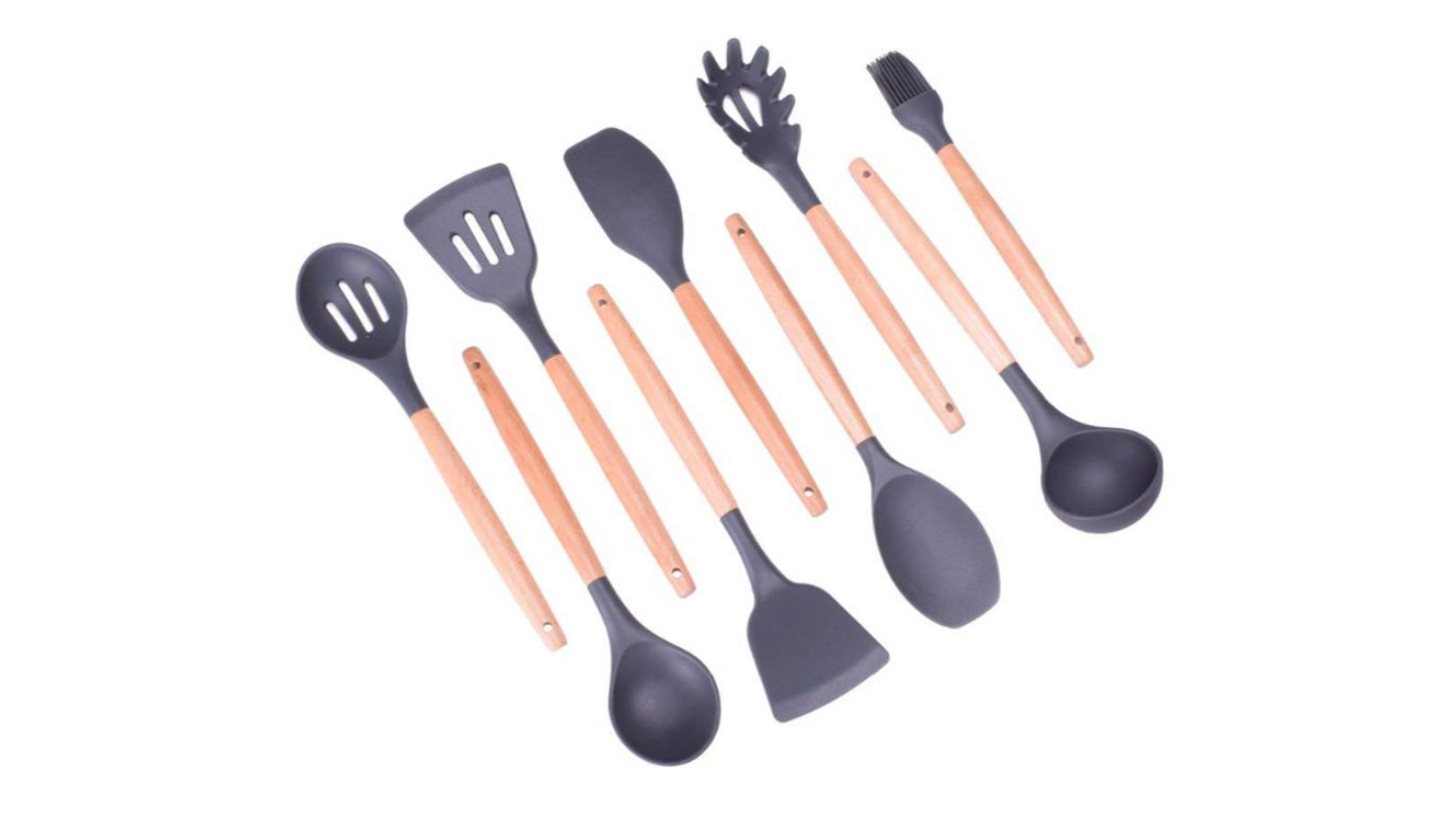 Kmall Silicone Kitchen Utensil Set 9pcs. - Black/Light Wood