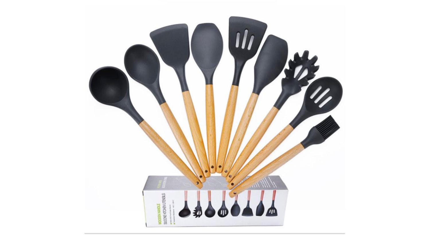 Kmall Silicone Kitchen Utensil Set 9pcs. - Black/Light Wood