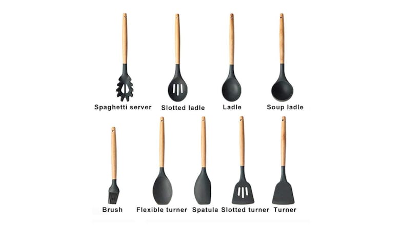 Kmall Silicone Kitchen Utensil Set 9pcs. - Black/Light Wood