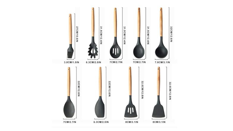 Kmall Silicone Kitchen Utensil Set 9pcs. - Black/Light Wood