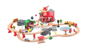 Kmall Bustling Town Wooden Rail Car Set with Fire Station