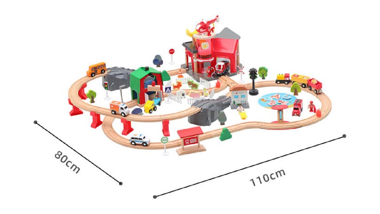 Kmall Bustling Town Wooden Rail Car Set with Fire Station