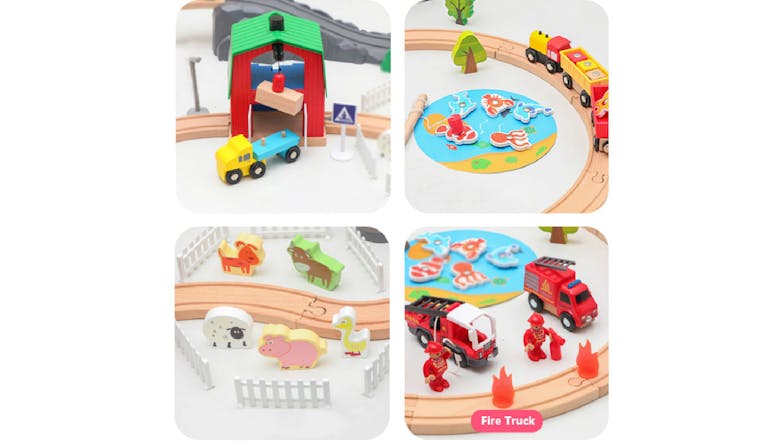 Kmall Bustling Town Wooden Rail Car Set with Fire Station