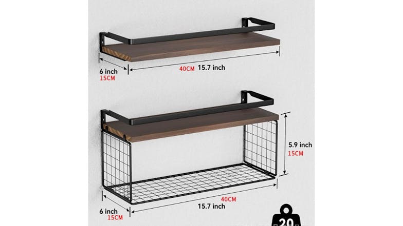 Kmall Floating Shelves with Wire Basket 2pcs. - Dark Wood