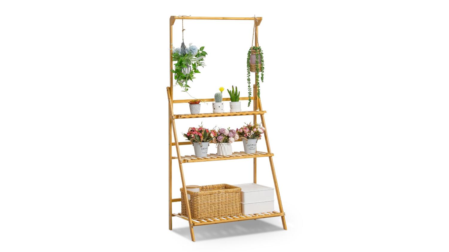 Kmall 3-Tier Wooden Plant Stand with Hanging Rod