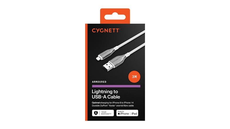 Cygnett Armoured USB-A to Lightning Cable 3m - White (CY4663PCCAL)