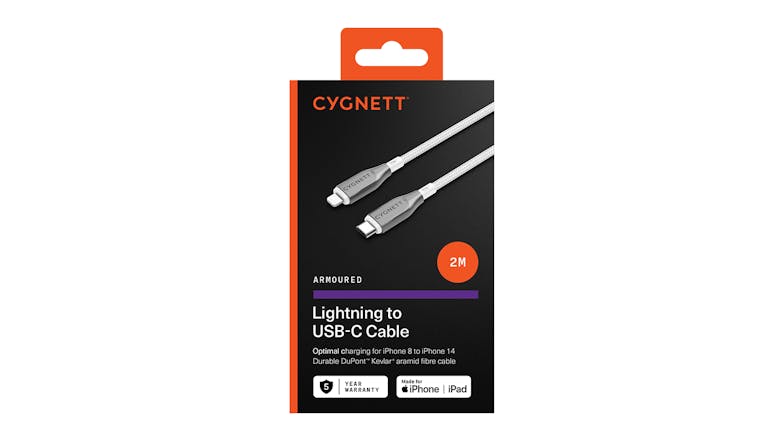 Cygnett Armoured USB-C to Lightning Cable 2m - White (CY4670PCCCL)