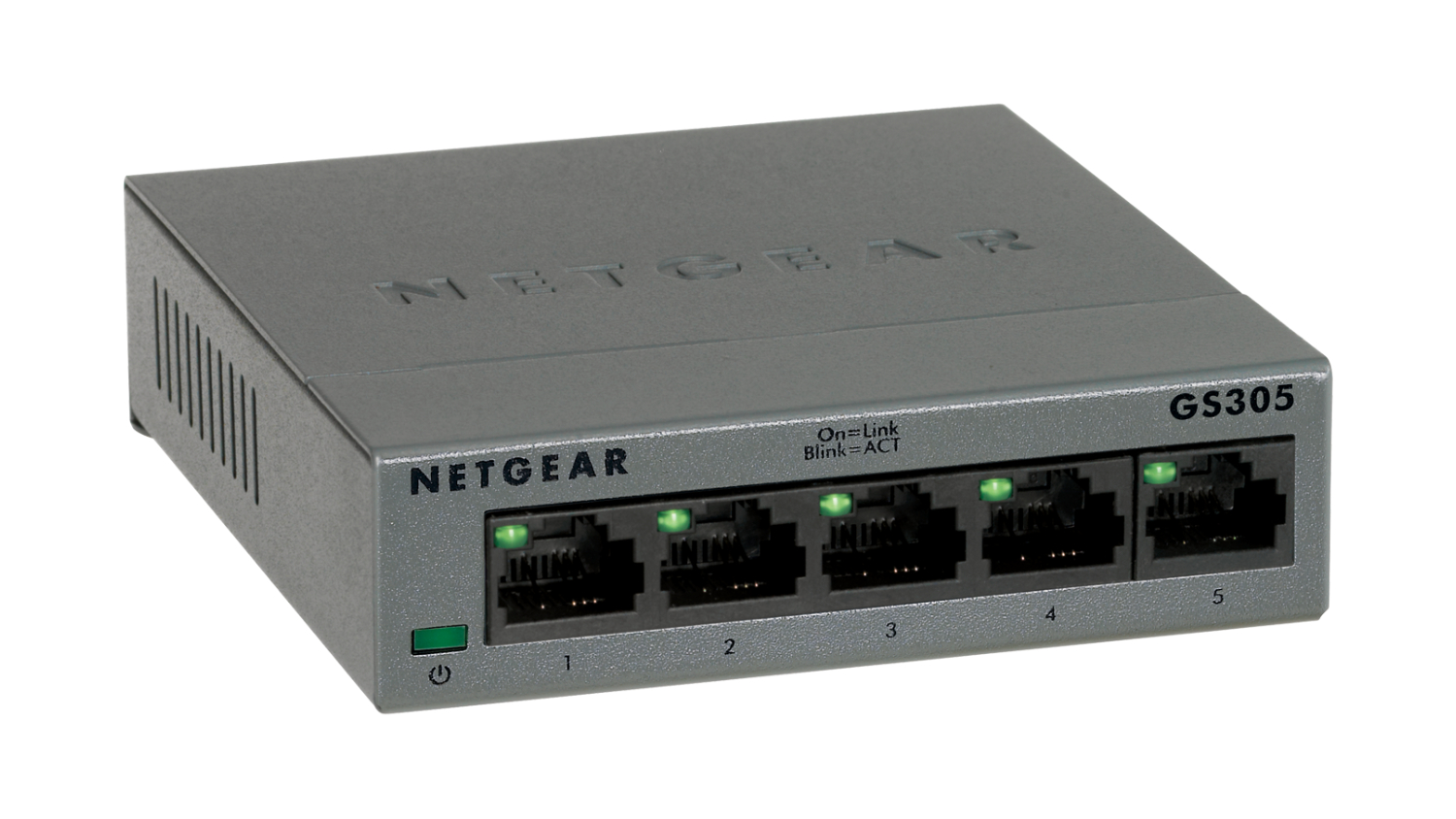 A front view of the Netgear GS305 Switch, highlighting its five ports and active status lights.