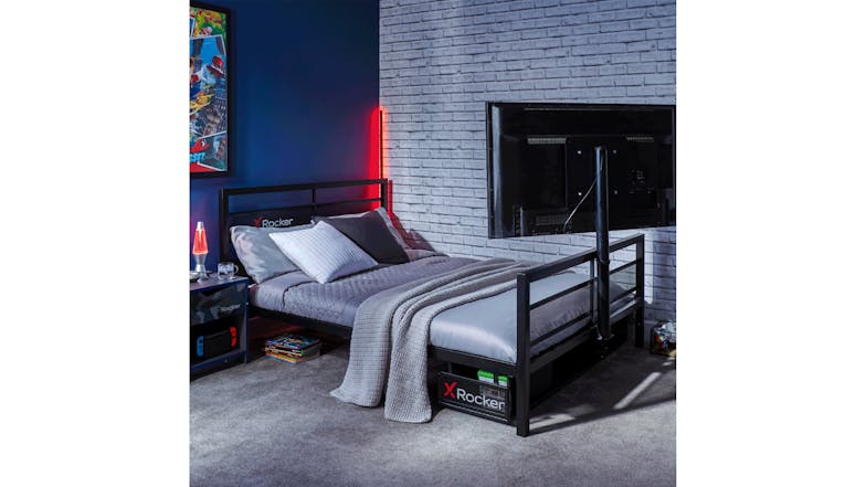 X Rocker Basecamp Gaming Bed Frame with TV Mount, Storage Double - Black