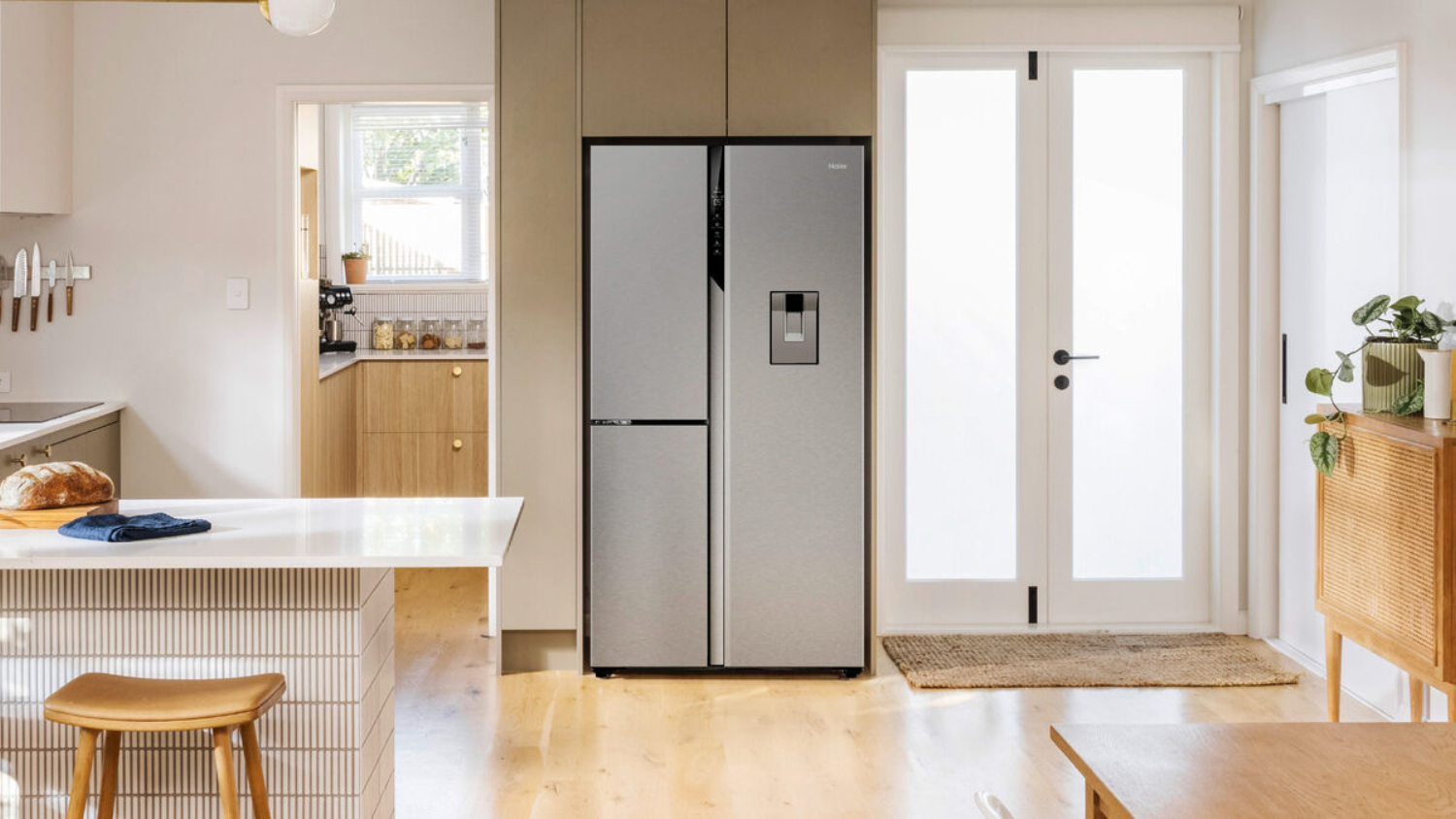 Haier 574L Side by Side Fridge Freezer with Water Dispenser - Satina (HRF575XHS)