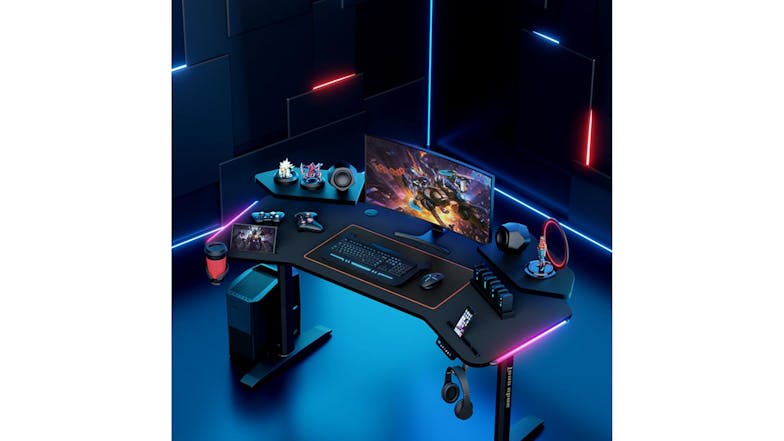 AndaSeat Shadow Warrior Motorised Gaming Desk with Integrated LED Lighting, Built-In Device Stands, Anti-Slip Surface - Carbon Fibre Black