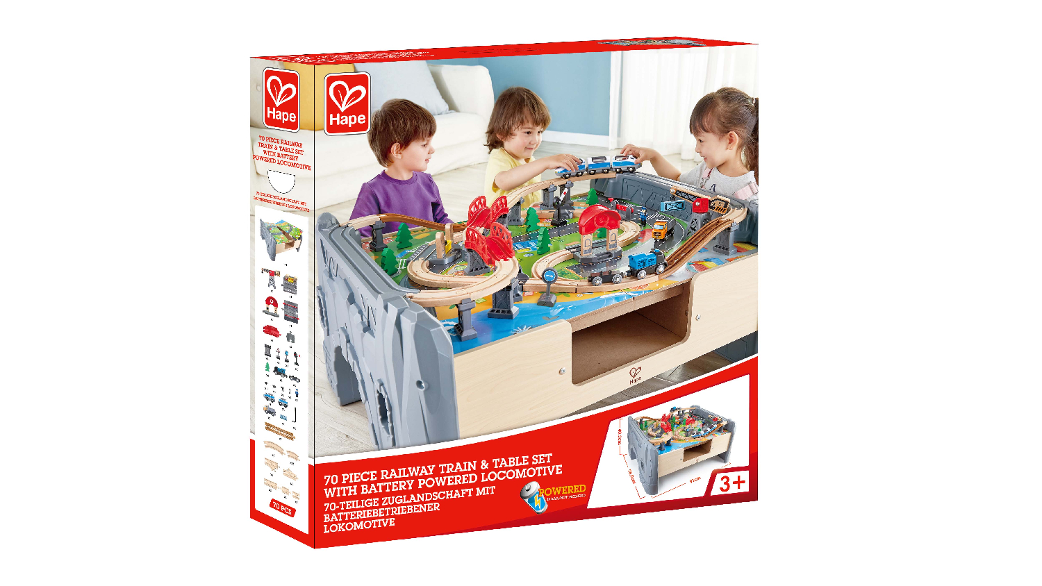Hape Railway Play & Storage Table with Battery Powered Engine, Accessories 70pcs.