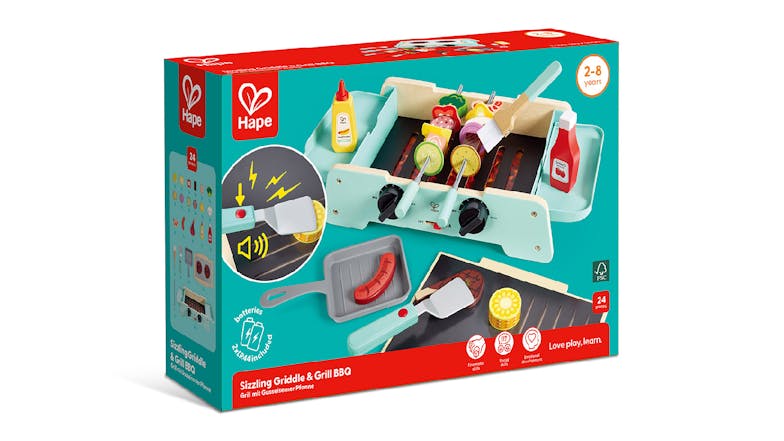 Hape Play Food Set -  Battery-Powered Sizzling Griddle & Grill Barbeque